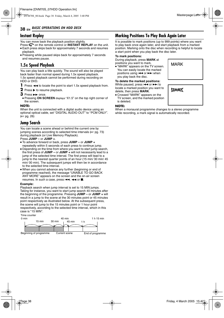 A pg. 38, Instant replay, 5x speed playback | Jump search, Marking positions to play back again later | JVC SR-DVM70EU User Manual | Page 38 / 92