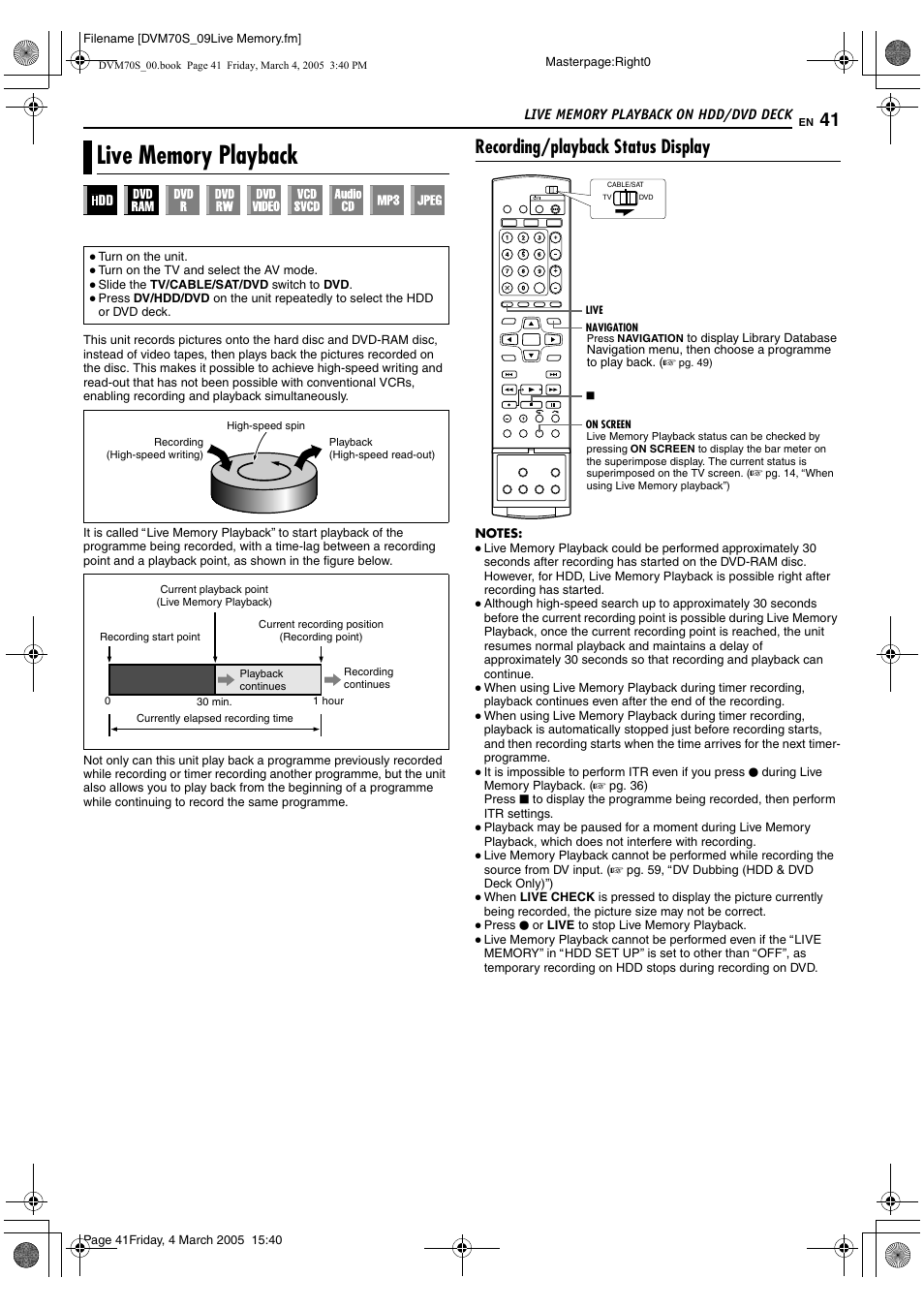 Live memory playback on hdd/dvd deck, Live memory playback, Recording/playback status display | JVC SR-DVM70EU User Manual | Page 41 / 92