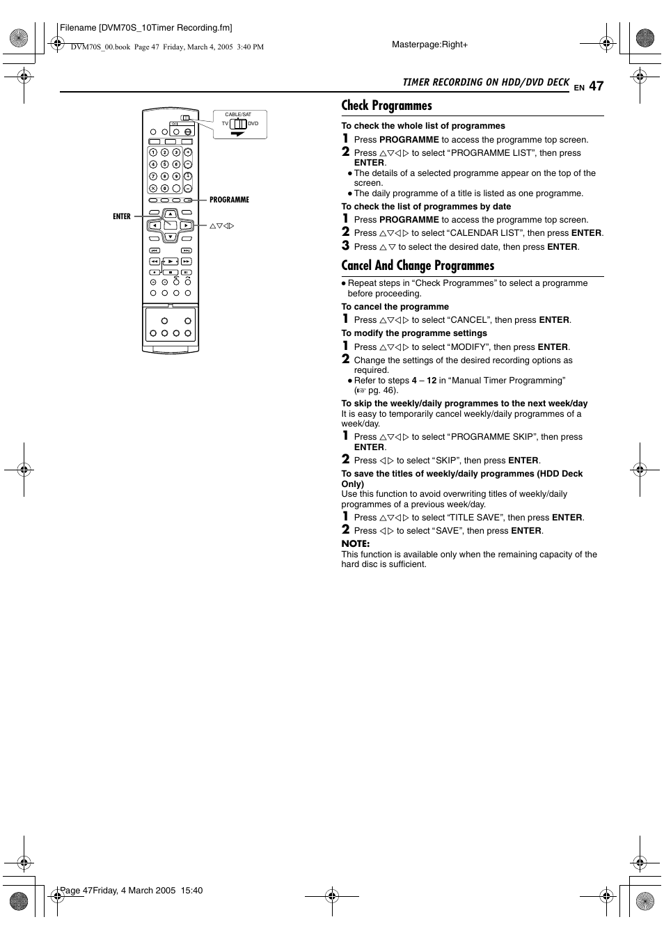 A pg. 47), Check programmes, Cancel and change programmes | JVC SR-DVM70EU User Manual | Page 47 / 92