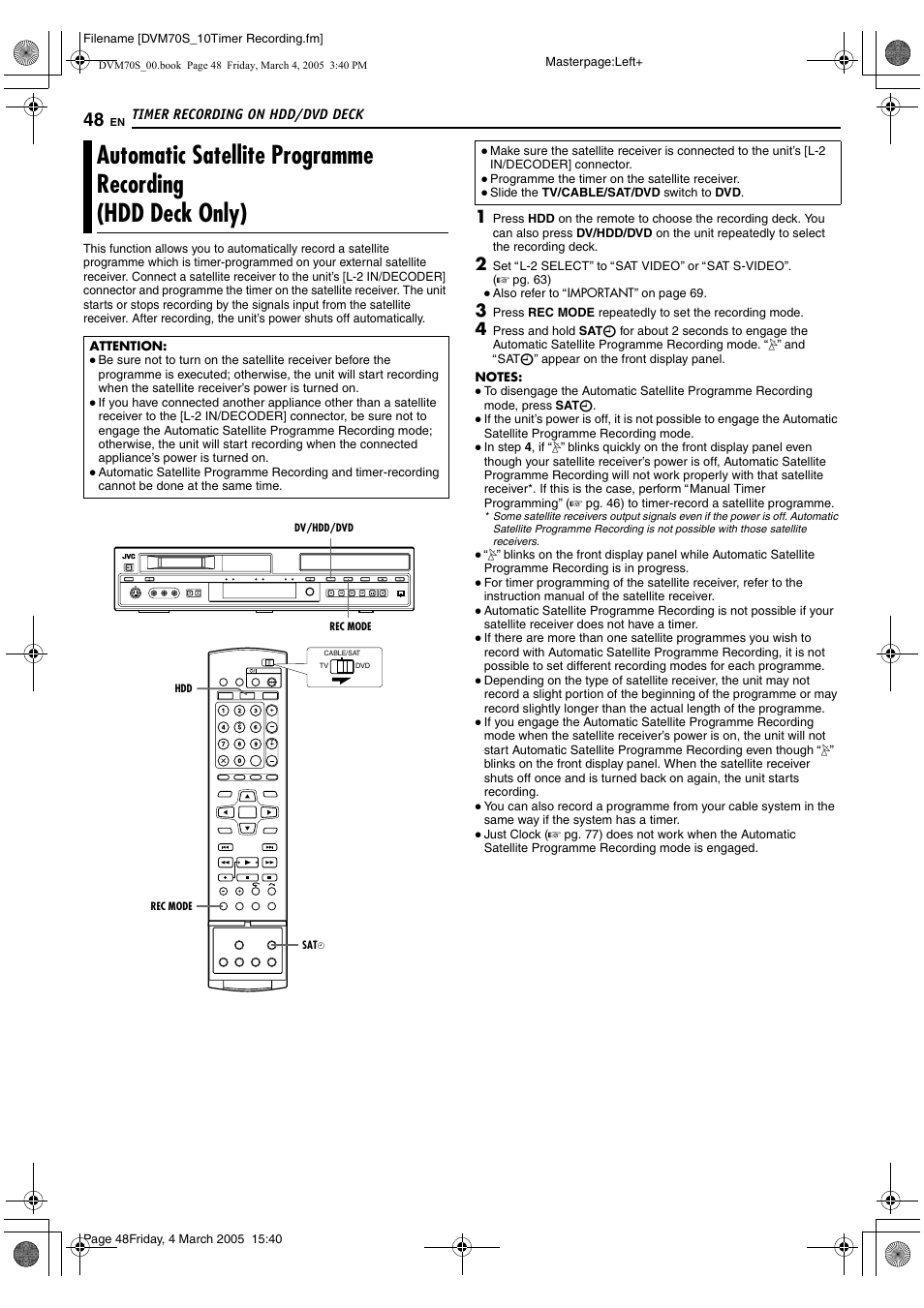 Automatic satellite programme recording, Hdd deck only), De (a pg. 48), sl | A pg. 48, A pg. 48) is perf | JVC SR-DVM70EU User Manual | Page 48 / 92