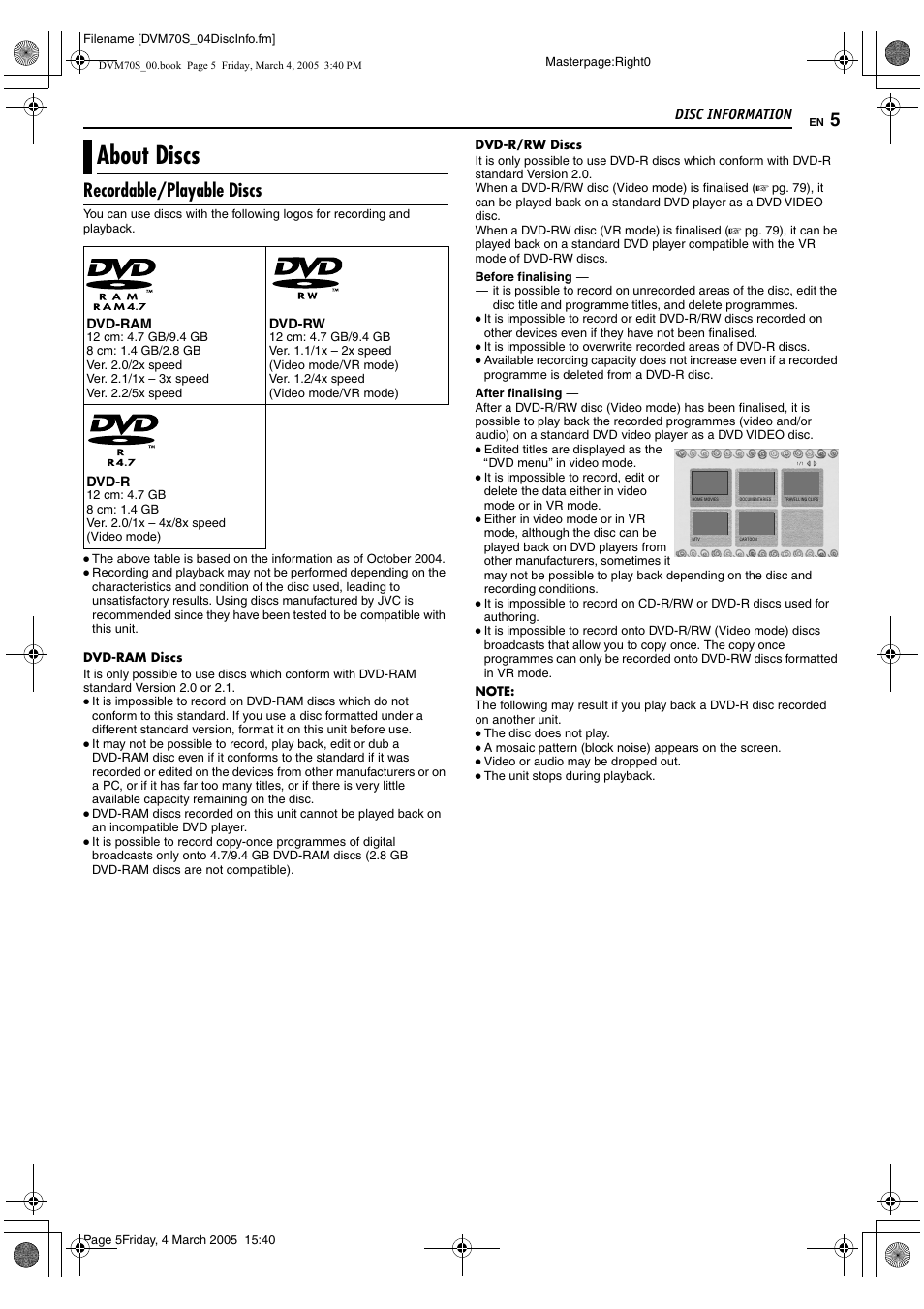 Disc information, About discs, Recordable/playable discs | JVC SR-DVM70EU User Manual | Page 5 / 92