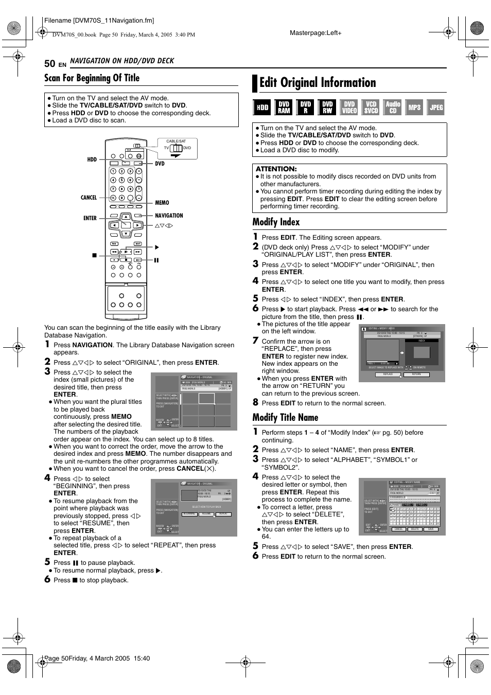 Edit original information, A pg. 50, 53, A pg. 50 | A pg. 50), A pg. 50, amodify title nameb), Scan for beginning of title, Modify index, Modify title name, Navigation on hdd/dvd deck, Filename [dvm70s_11navigation.fm] masterpage:left | JVC SR-DVM70EU User Manual | Page 50 / 92