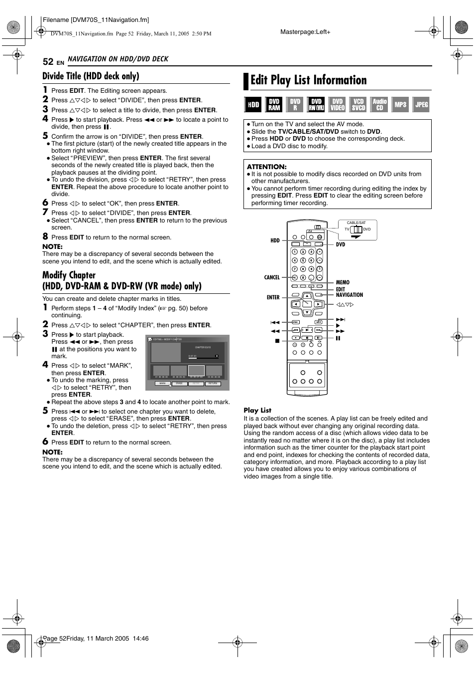 Edit play list information, Divide title (hdd deck only) | JVC SR-DVM70EU User Manual | Page 52 / 92