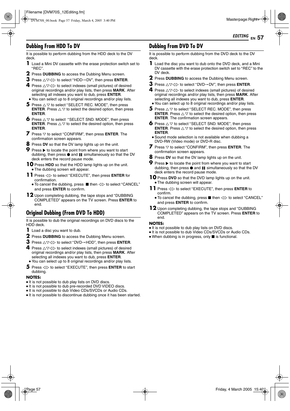 Dubbing from hdd to dv, Original dubbing (from dvd to hdd), Dubbing from dvd to dv | JVC SR-DVM70EU User Manual | Page 57 / 92