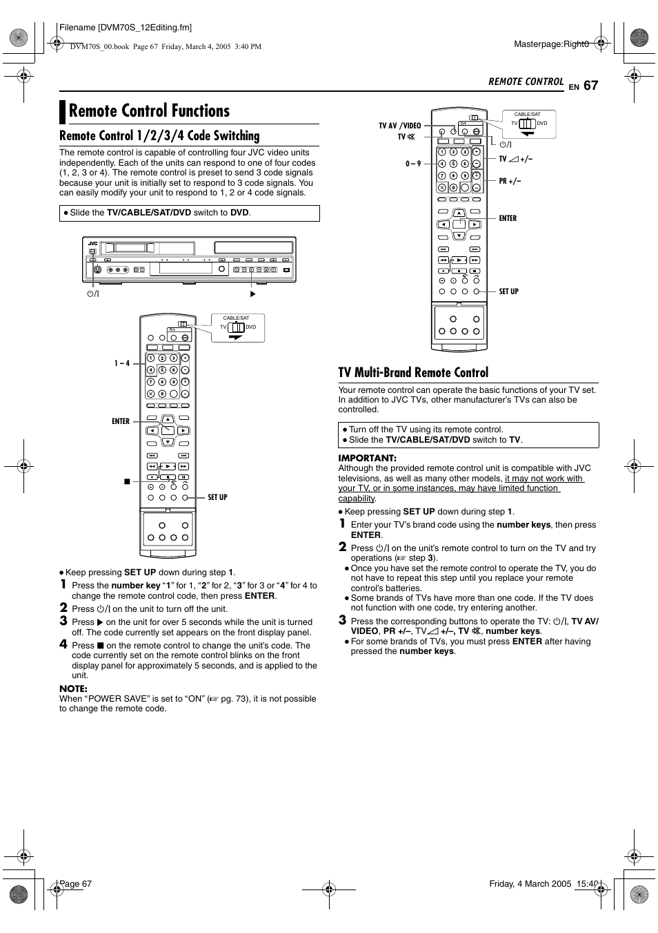 Remote control, Remote control functions, A pg. 67 | A pg. 67), Remote control 1/2/3/4 code switching, Tv multi-brand remote control | JVC SR-DVM70EU User Manual | Page 67 / 92