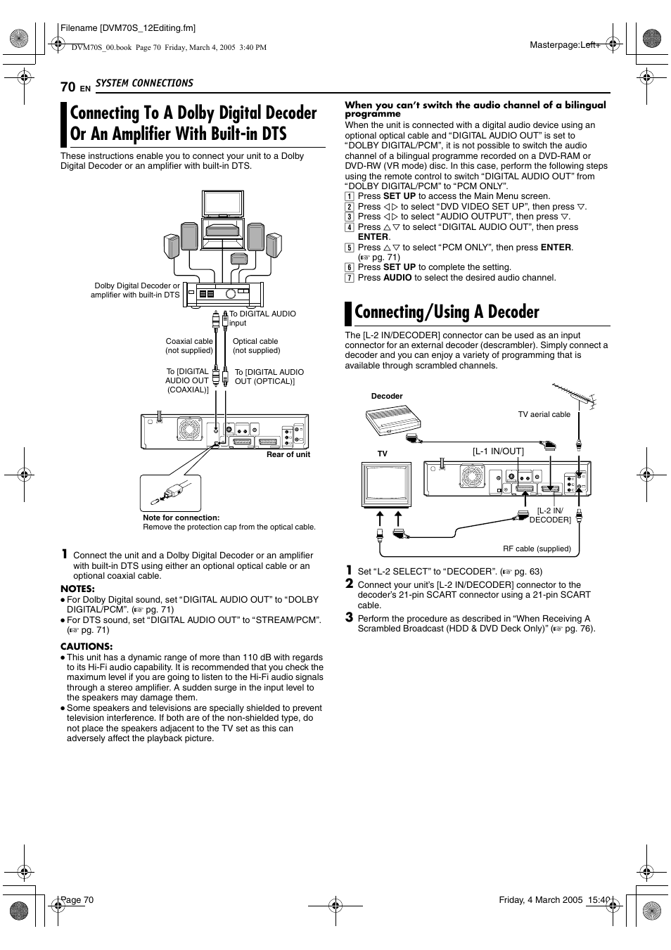 Connecting to a dolby digital decoder or, An amplifier with built-in dts, Connecting/using a decoder | This case, p | JVC SR-DVM70EU User Manual | Page 70 / 92