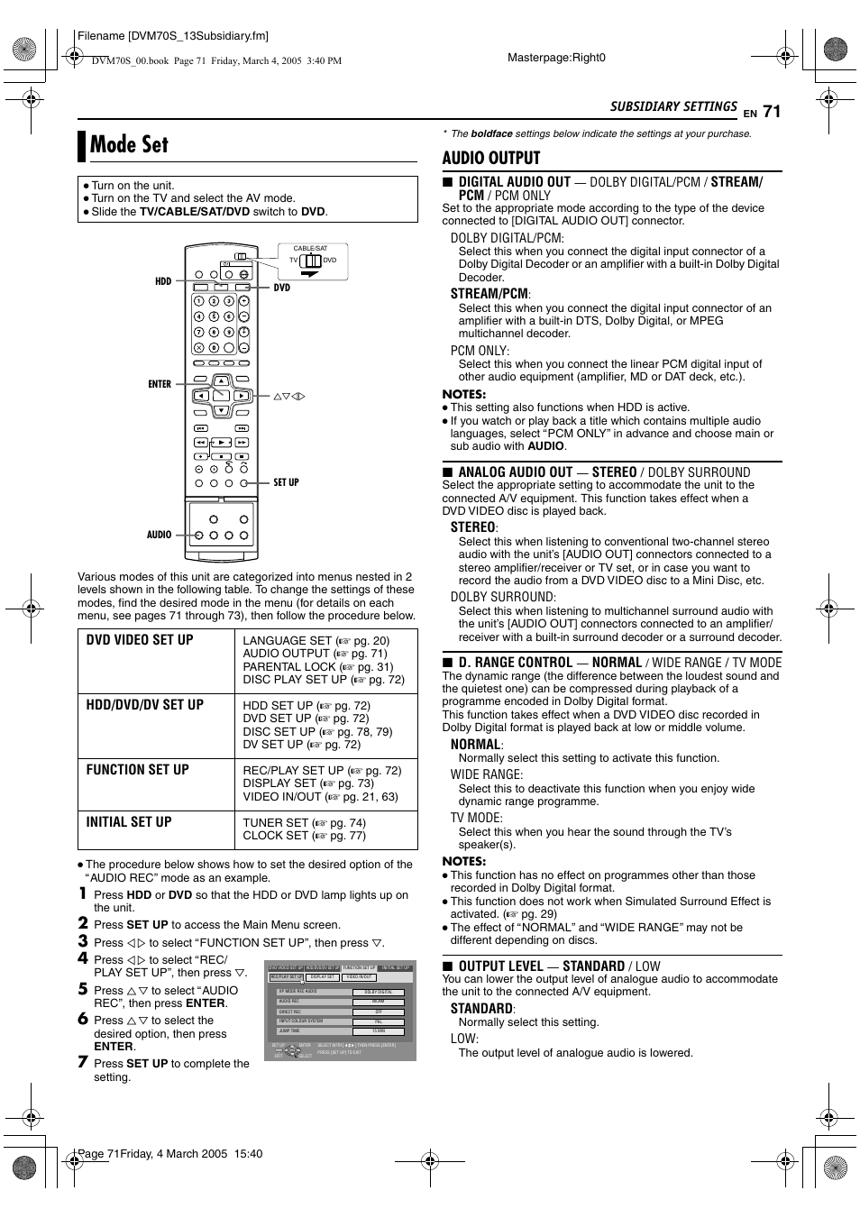 Subsidiary settings, Mode set, A pg. 71) | Audio output | JVC SR-DVM70EU User Manual | Page 71 / 92