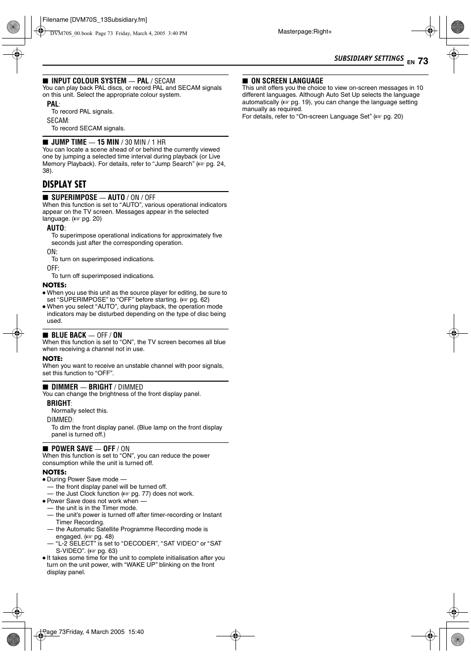 Als (a pg. 73), A pg. 73), Ting. (a pg. 73) if y | A pg. 73), it, Display set | JVC SR-DVM70EU User Manual | Page 73 / 92