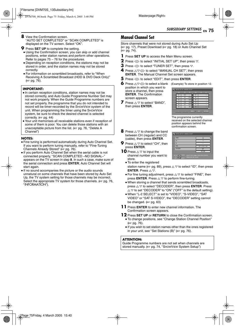 Manual channel set, Subsidiary settings | JVC SR-DVM70EU User Manual | Page 75 / 92