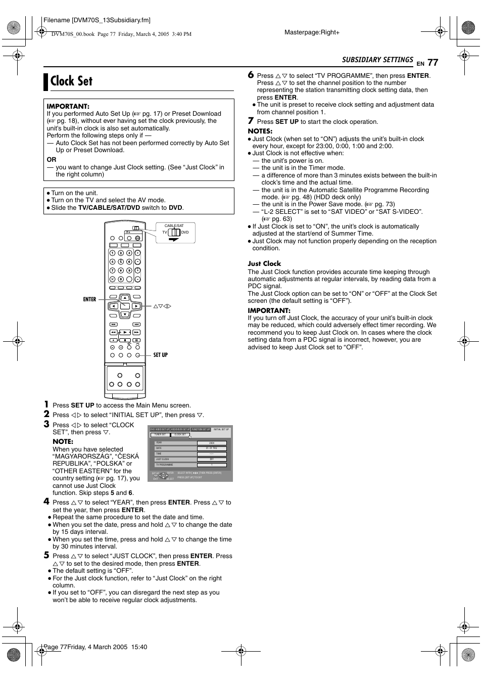 Clock set, A pg. 77), Ually (a pg. 77), then go | K setting (a pg. 77), Aclock setb (a pg. 77), K (a pg. 77) doe, K function (a pg. 77) d, Subsidiary settings | JVC SR-DVM70EU User Manual | Page 77 / 92