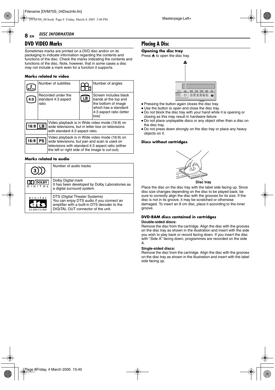 Dvd video marks, Placing a disc, Disc information | JVC SR-DVM70EU User Manual | Page 8 / 92