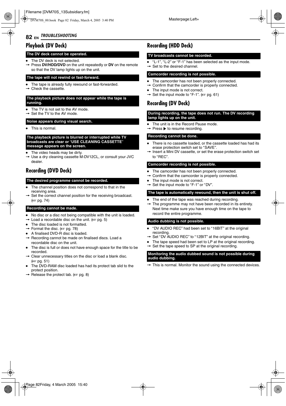 Playback (dv deck), Recording (dvd deck), Recording (hdd deck) | Recording (dv deck) | JVC SR-DVM70EU User Manual | Page 82 / 92