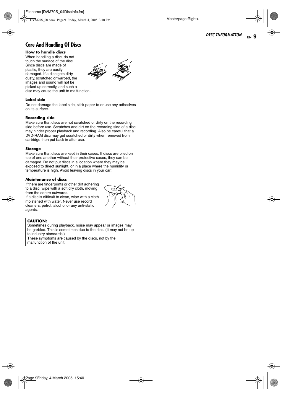 Care and handling of discs | JVC SR-DVM70EU User Manual | Page 9 / 92