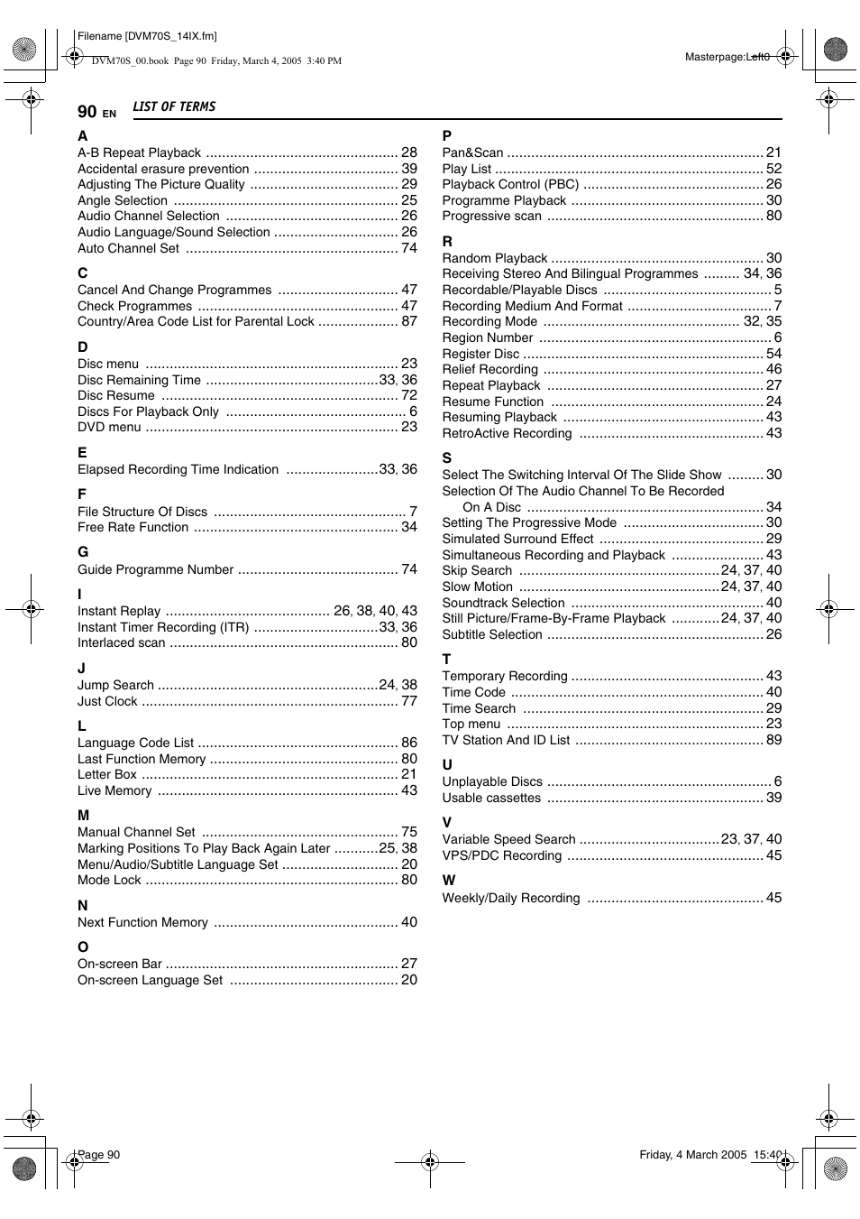 90 list, List of terms | JVC SR-DVM70EU User Manual | Page 90 / 92