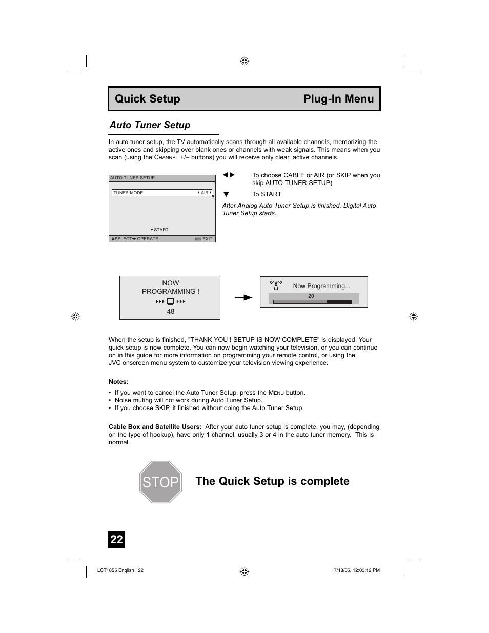 Stop, Auto tuner setup | JVC AV 32S776 User Manual | Page 22 / 80