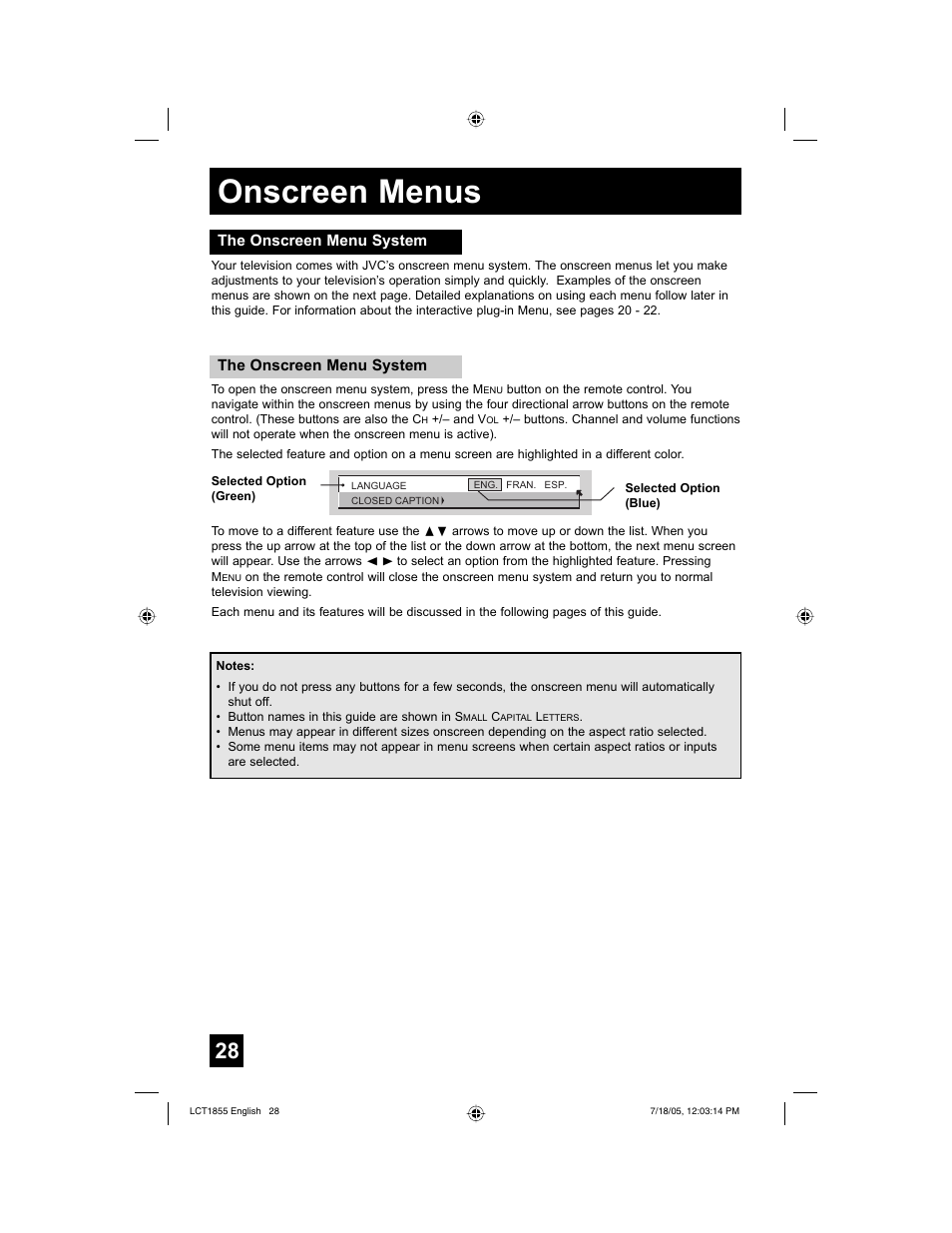 Onscreen menus | JVC AV 32S776 User Manual | Page 28 / 80