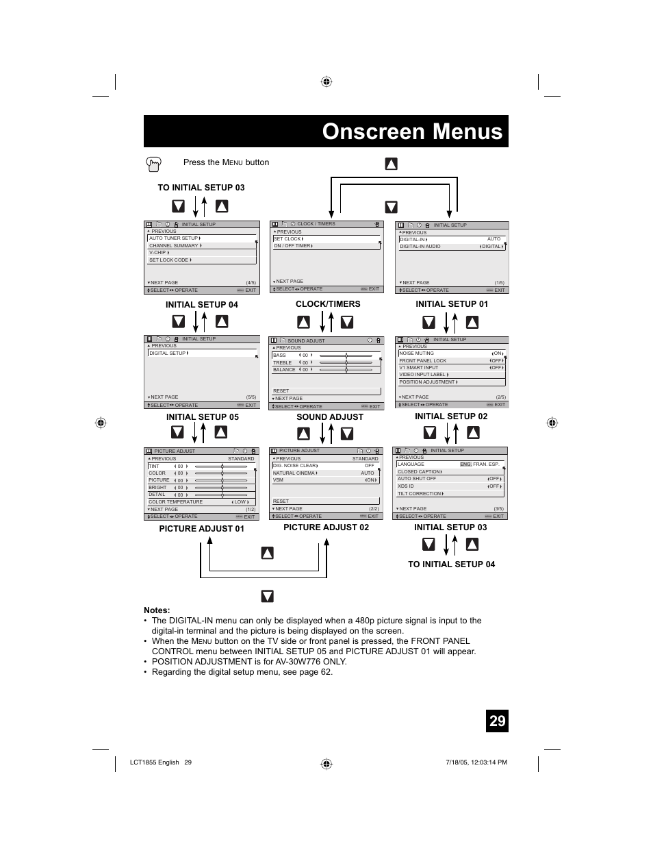 Onscreen menus, Button, Initial setup 02 initial setup 01 | Initial setup 04 picture adjust 01, Clock/timers, Sound adjust | JVC AV 32S776 User Manual | Page 29 / 80