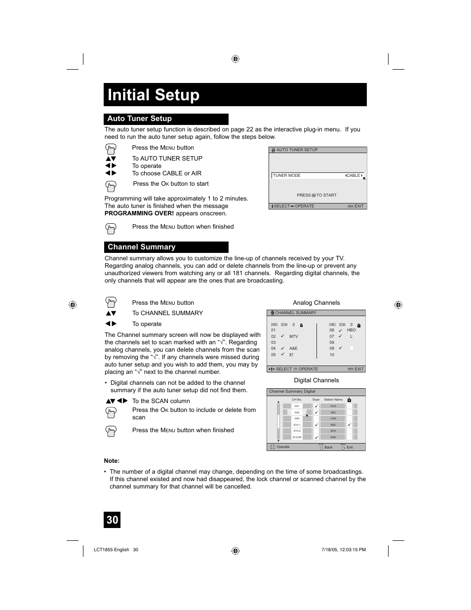 Initial setup, Auto tuner setup, Channel summary | JVC AV 32S776 User Manual | Page 30 / 80