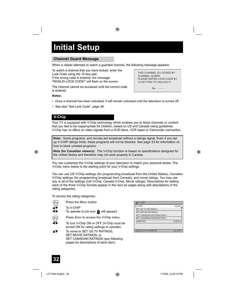 Initial setup, Channel guard message, V-chip | JVC AV 32S776 User Manual | Page 32 / 80