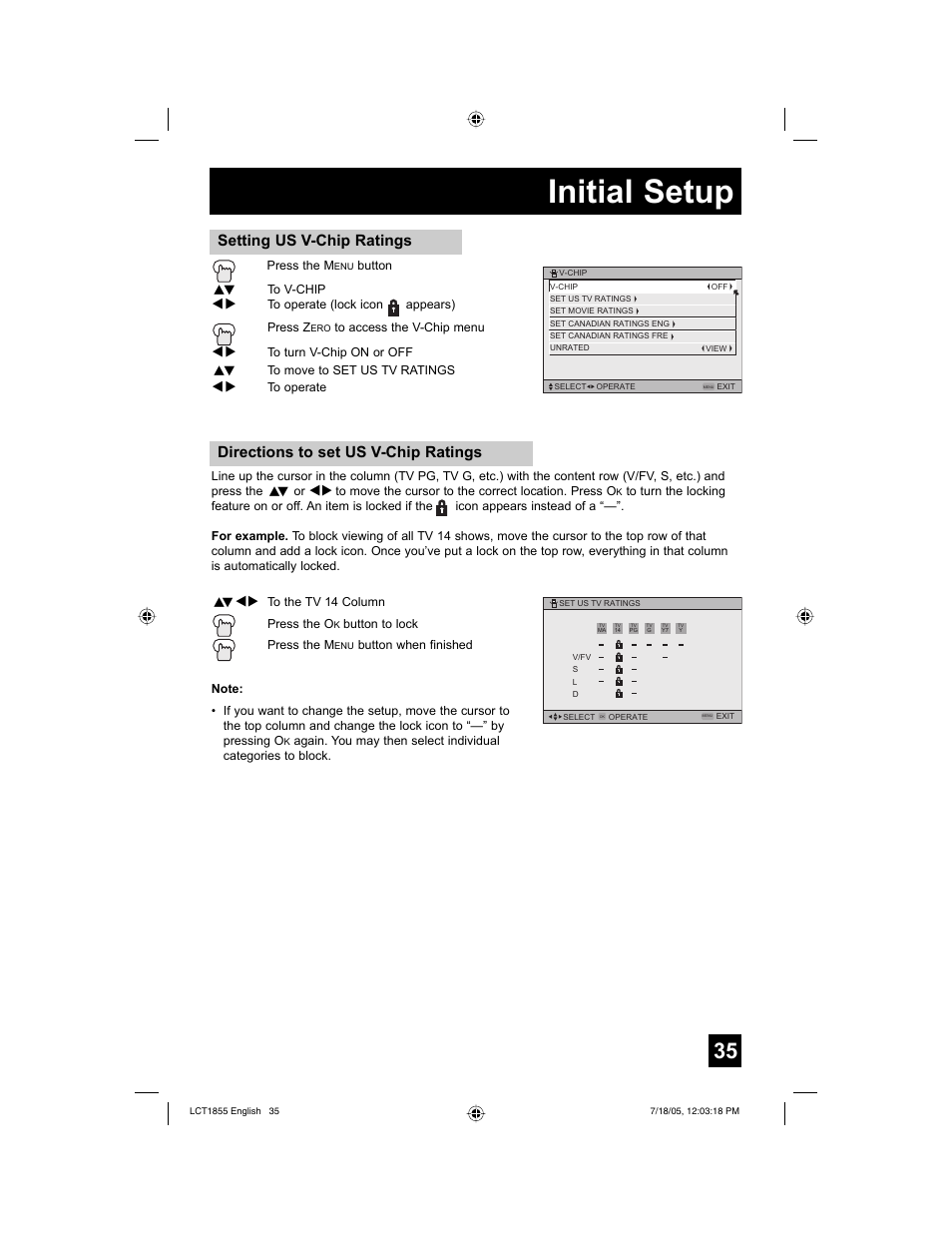Initial setup, Directions to set us v-chip ratings, Setting us v-chip ratings | JVC AV 32S776 User Manual | Page 35 / 80