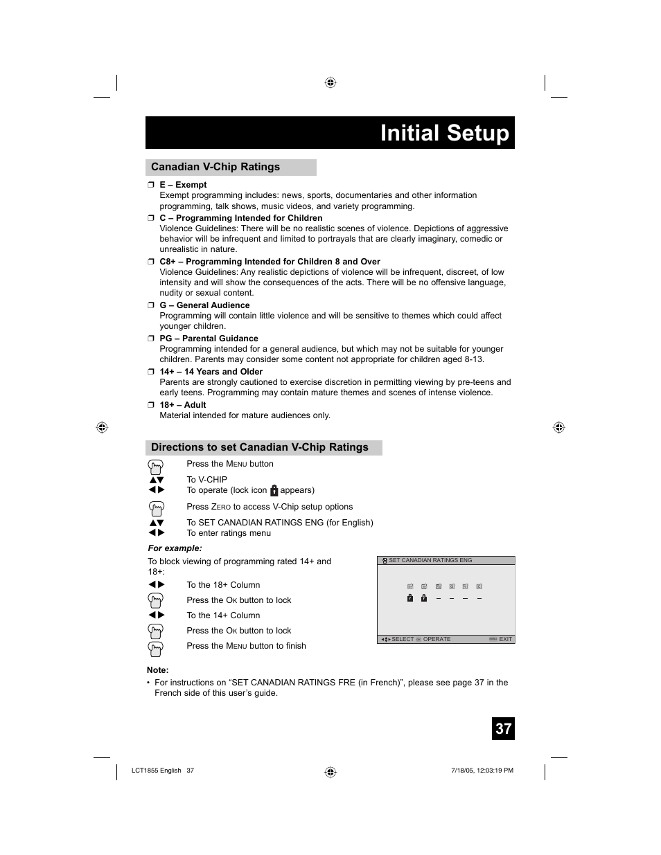 Initial setup, Directions to set canadian v-chip ratings, Canadian v-chip ratings | JVC AV 32S776 User Manual | Page 37 / 80