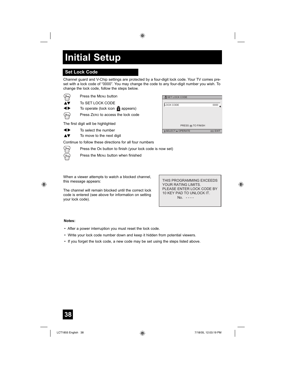 Initial setup, Set lock code | JVC AV 32S776 User Manual | Page 38 / 80