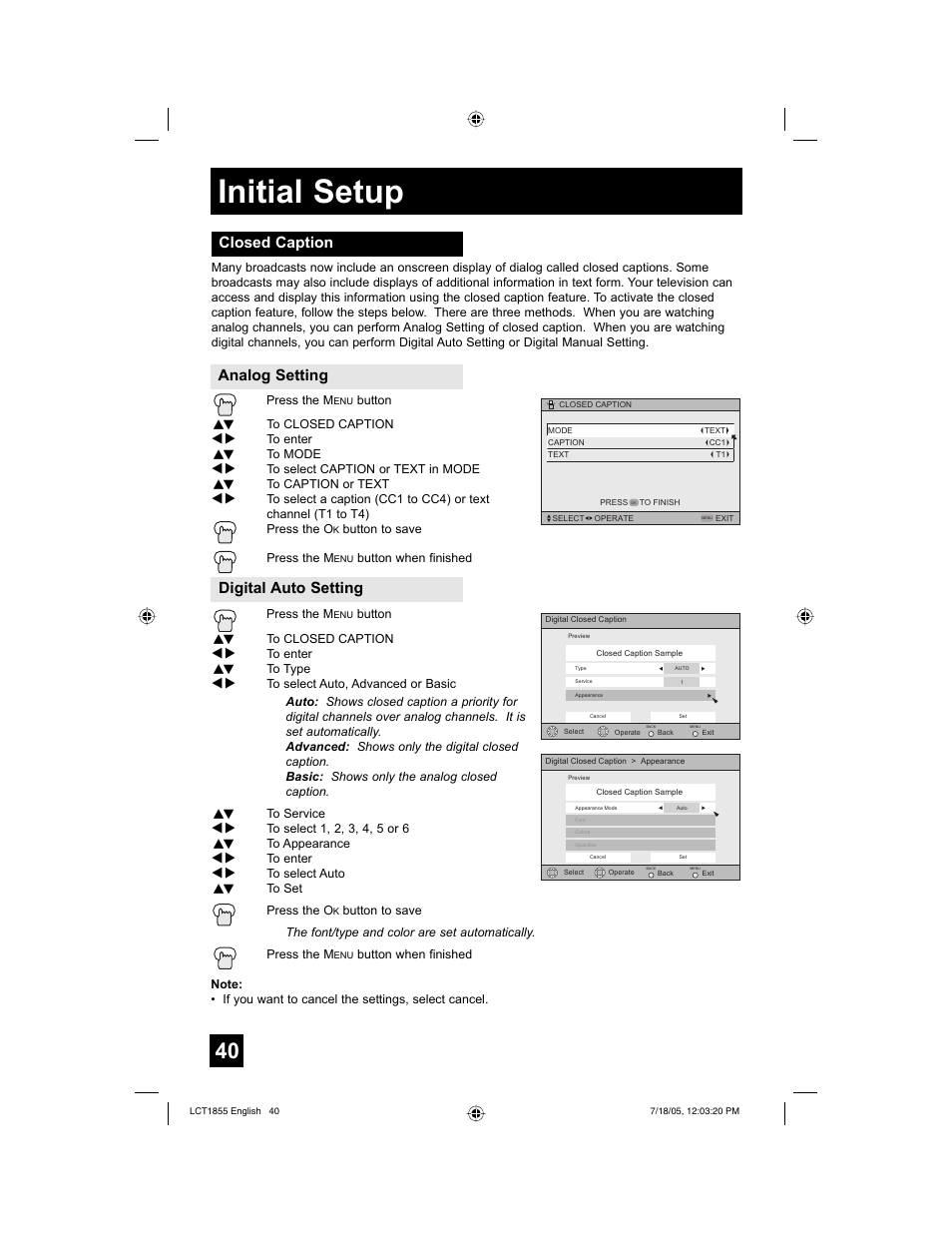 Initial setup, Closed caption analog setting digital auto setting | JVC AV 32S776 User Manual | Page 40 / 80