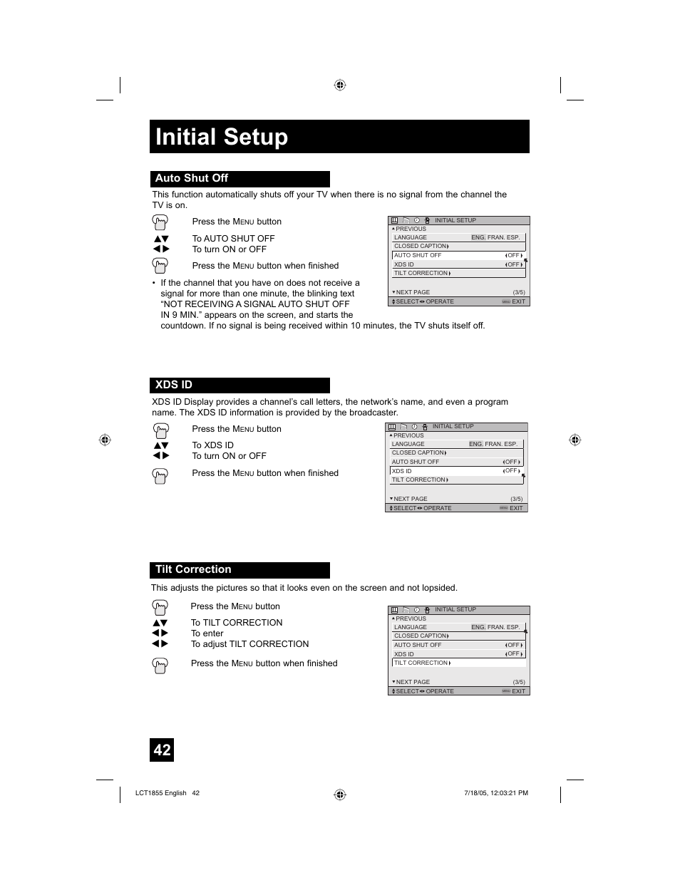 Initial setup, Xds id, Tilt correction | Auto shut off | JVC AV 32S776 User Manual | Page 42 / 80