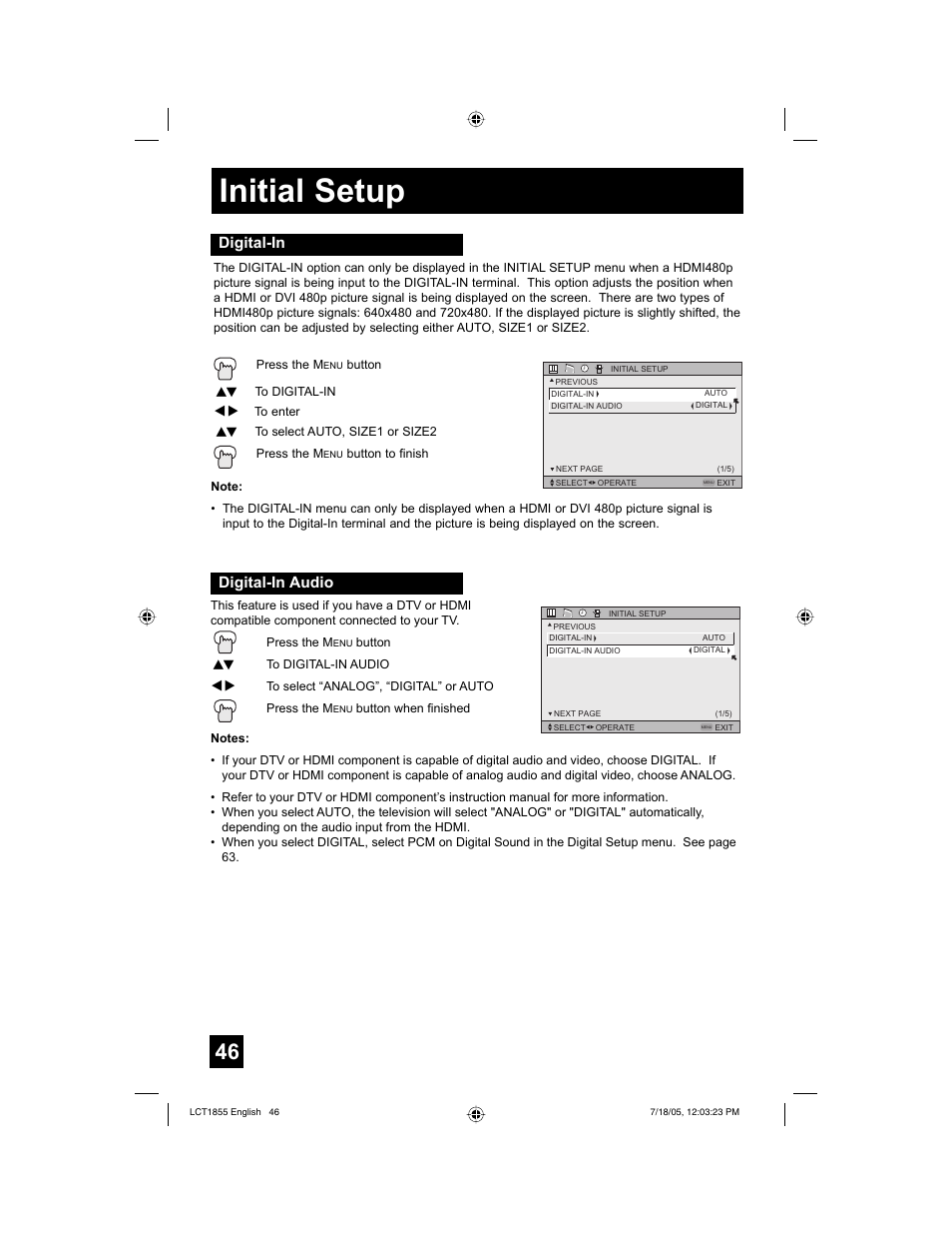 Initial setup, Digital-in, Digital-in audio | JVC AV 32S776 User Manual | Page 46 / 80