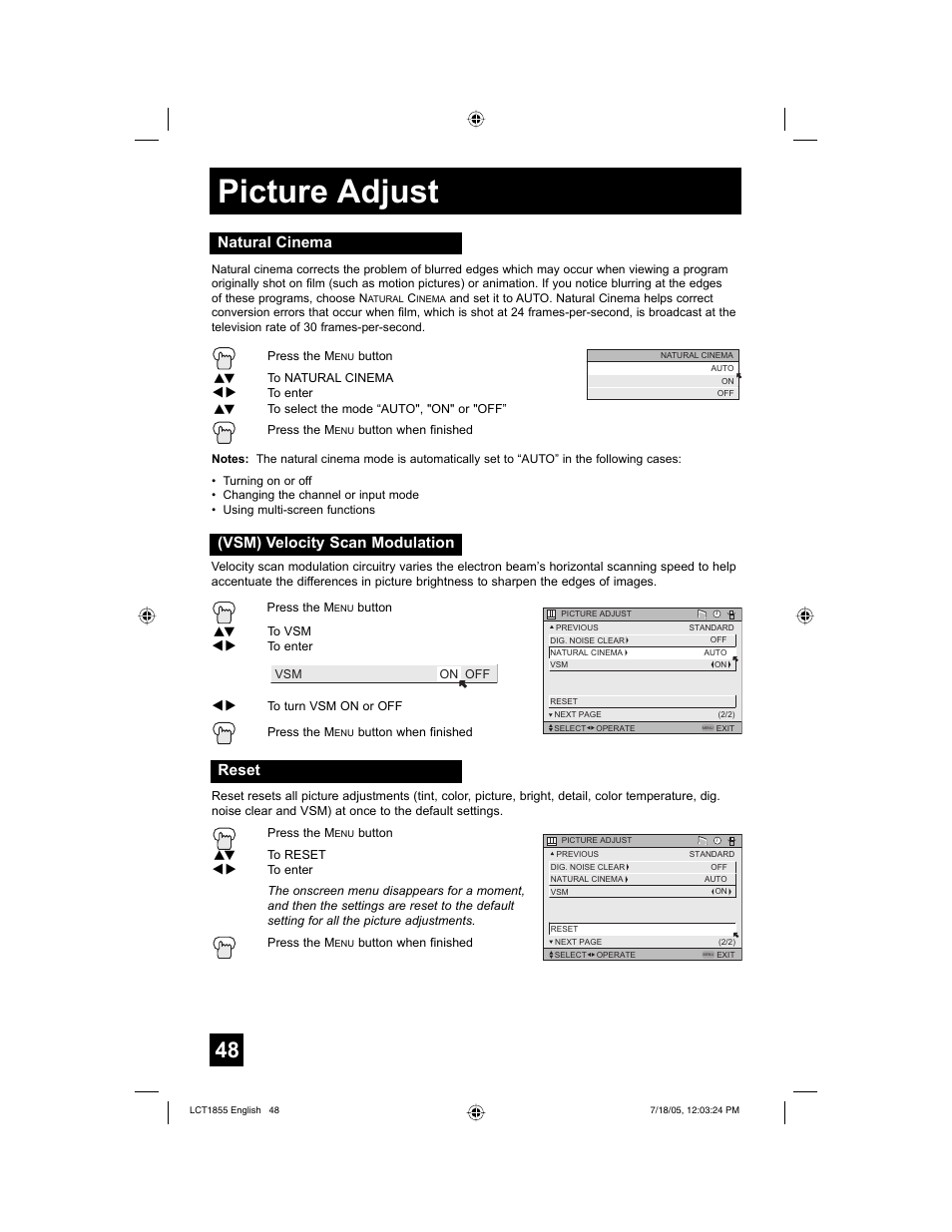 Picture adjust, Vsm) velocity scan modulation, Natural cinema | Reset | JVC AV 32S776 User Manual | Page 48 / 80