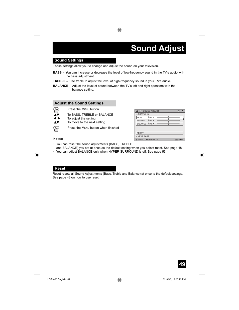 Sound adjust | JVC AV 32S776 User Manual | Page 49 / 80