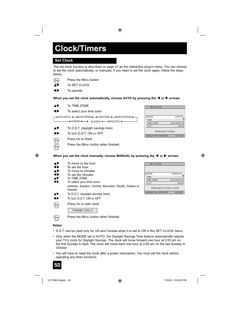Clock/timers, Set clock | JVC AV 32S776 User Manual | Page 50 / 80