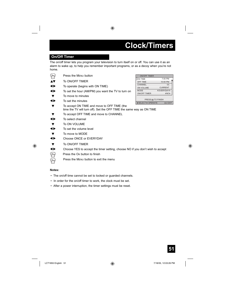 Clock/timers, On/off timer | JVC AV 32S776 User Manual | Page 51 / 80