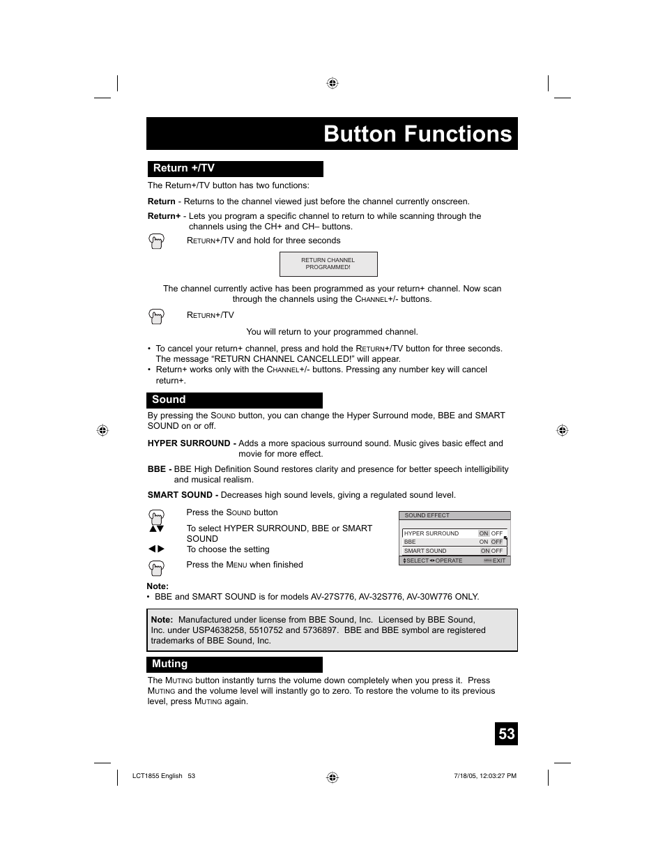 Button functions, Return +/tv, Sound | Muting | JVC AV 32S776 User Manual | Page 53 / 80