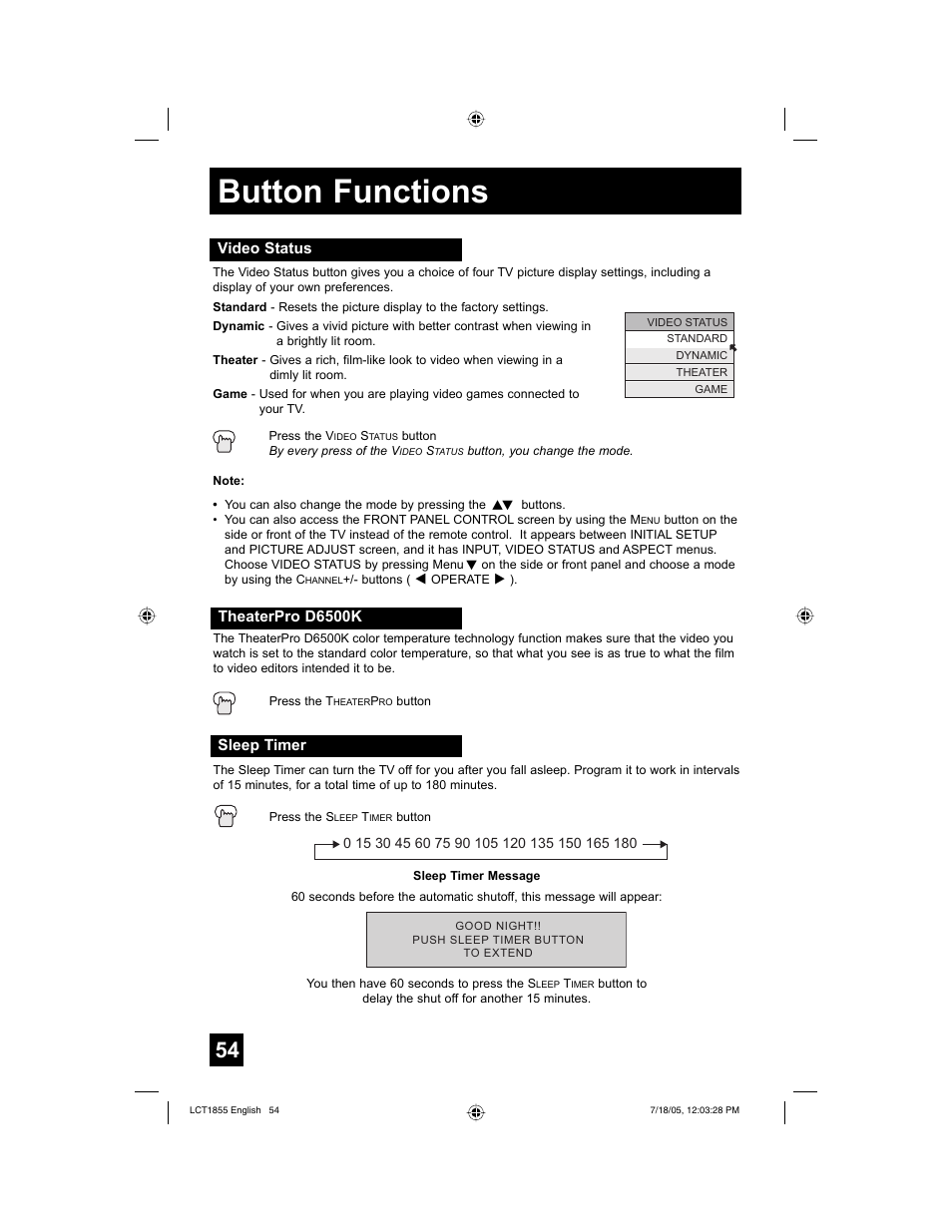 Button functions | JVC AV 32S776 User Manual | Page 54 / 80