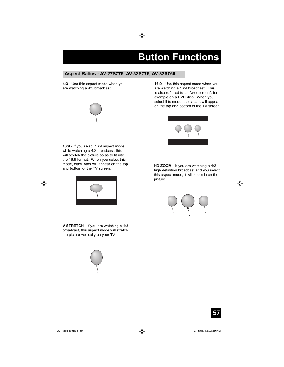 Button functions | JVC AV 32S776 User Manual | Page 57 / 80