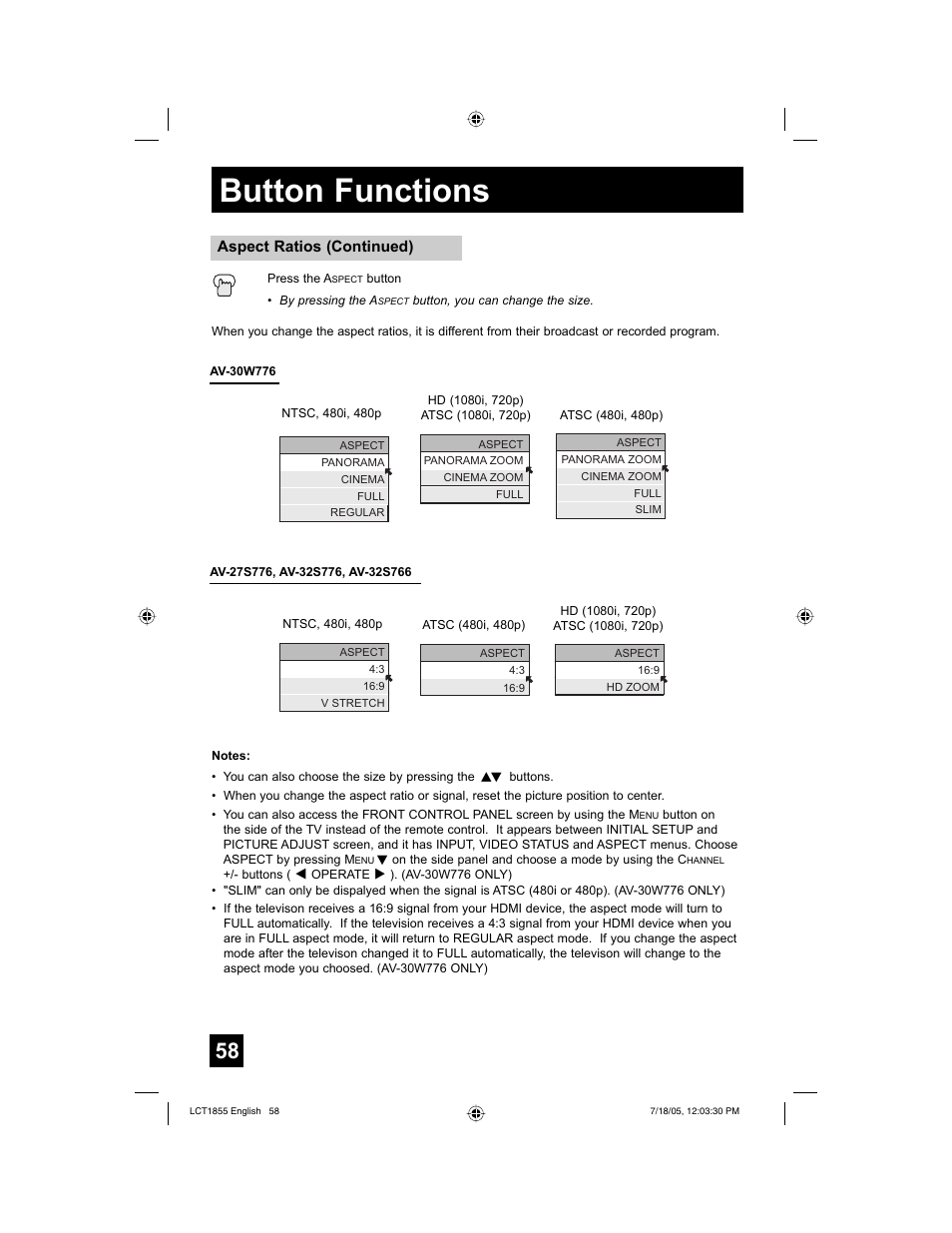 Button functions | JVC AV 32S776 User Manual | Page 58 / 80