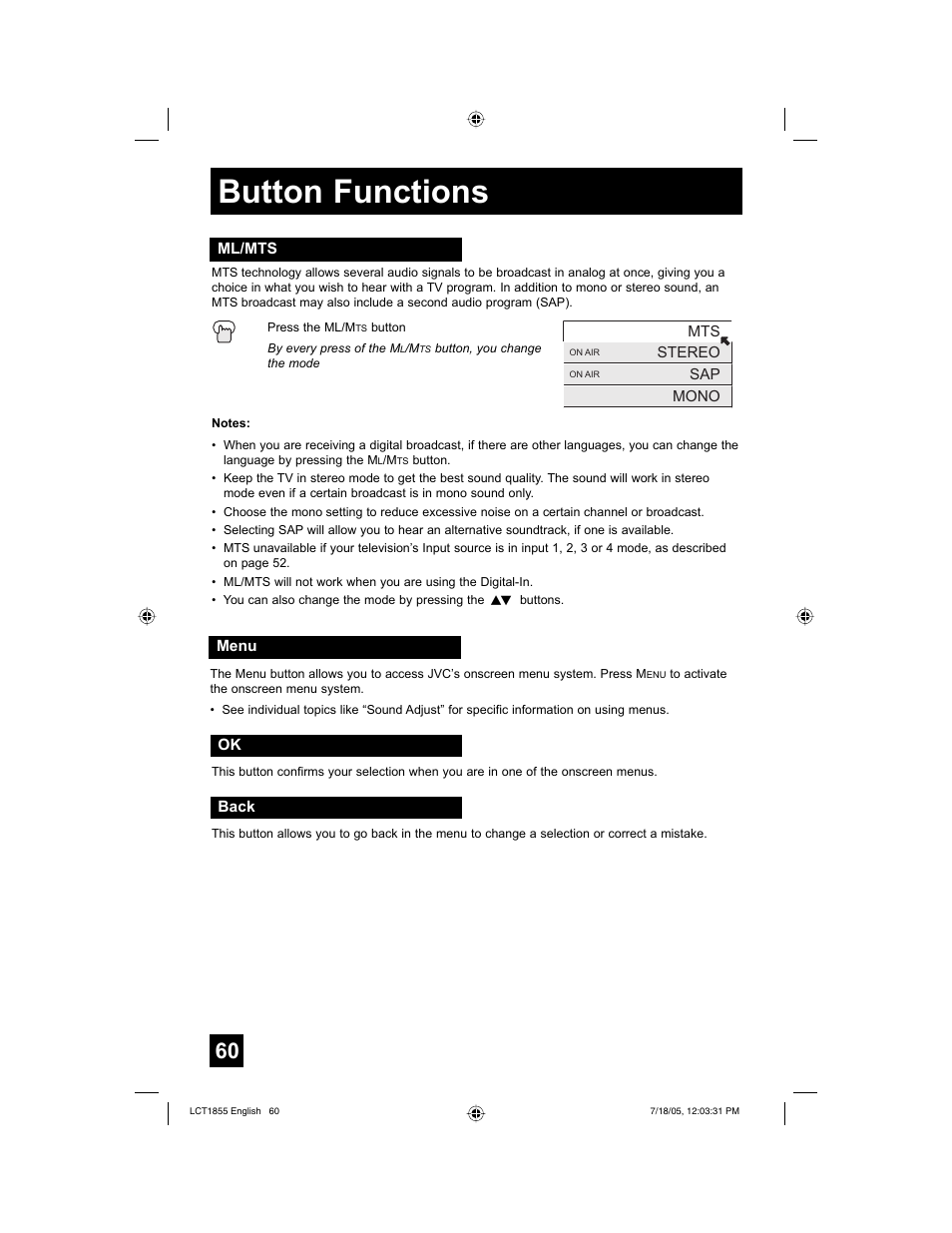 Button functions | JVC AV 32S776 User Manual | Page 60 / 80