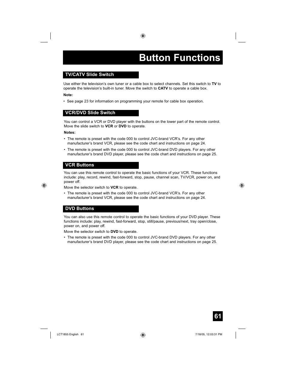 Button functions | JVC AV 32S776 User Manual | Page 61 / 80