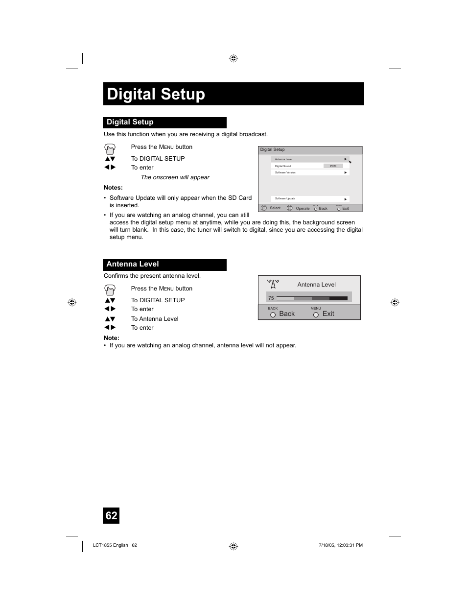 Digital setup, Antenna level | JVC AV 32S776 User Manual | Page 62 / 80