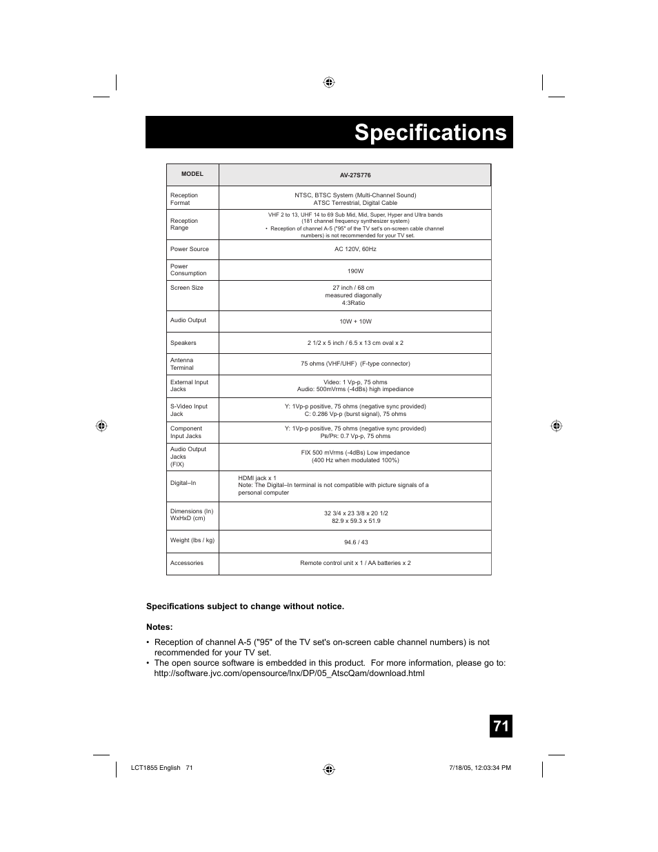 Specifications | JVC AV 32S776 User Manual | Page 71 / 80