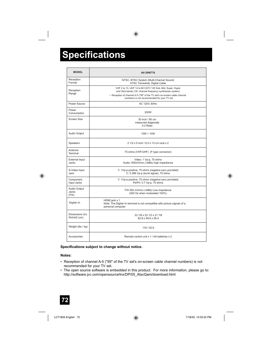Specifications | JVC AV 32S776 User Manual | Page 72 / 80