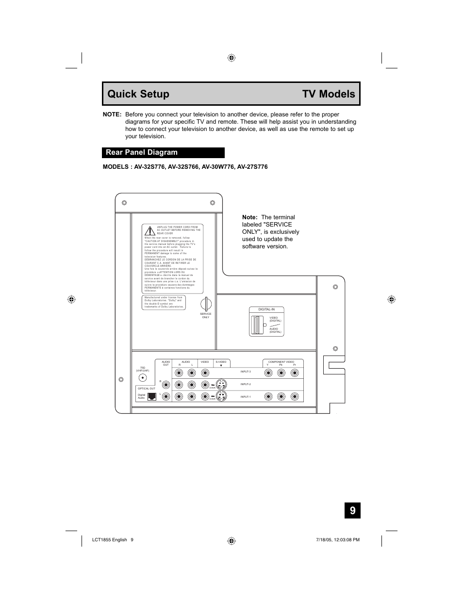 9quick setup tv models, Rear panel diagram | JVC AV 32S776 User Manual | Page 9 / 80