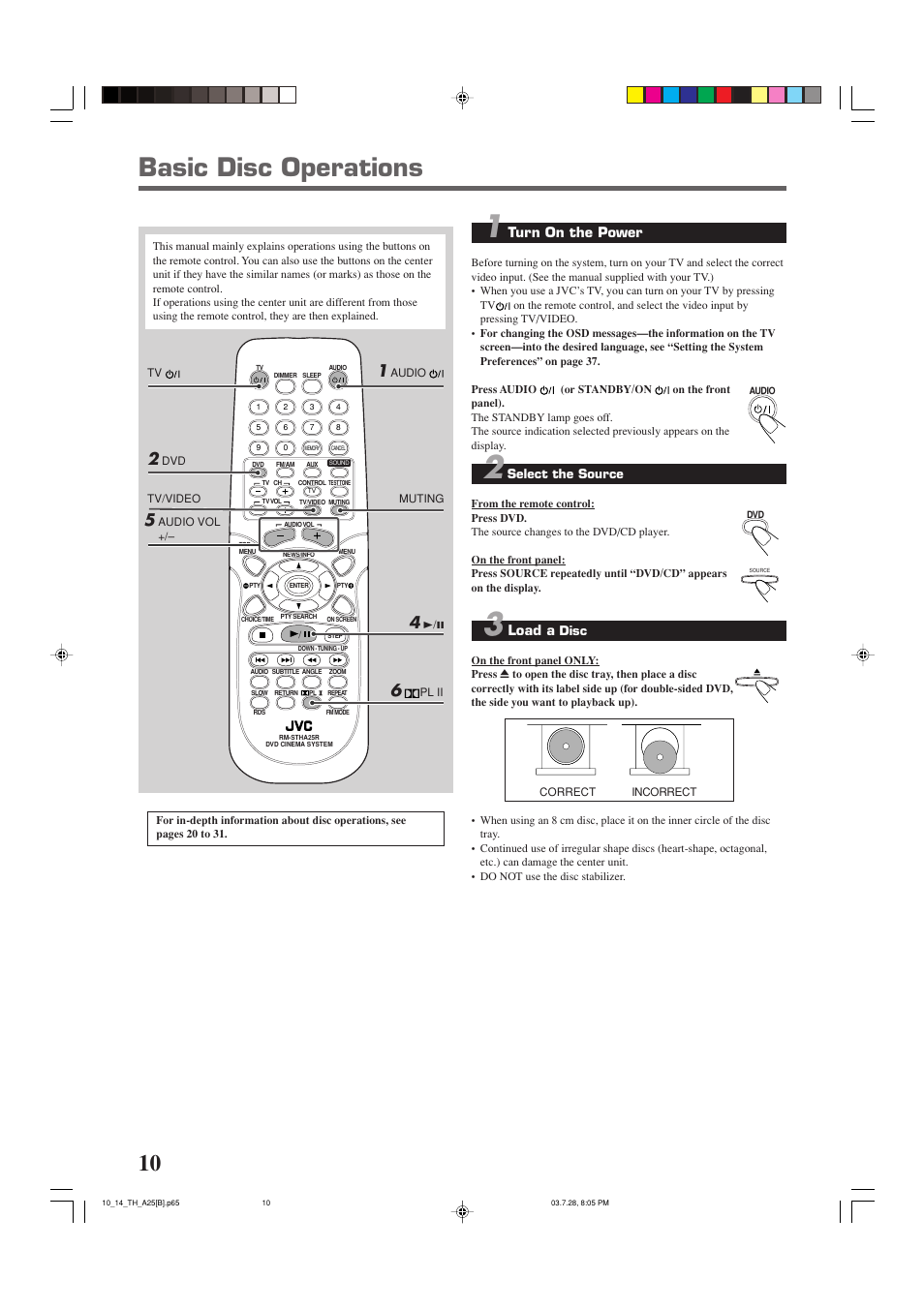 Basic disc operations, Turn on the power, Load a | JVC SP-THA25 User Manual | Page 14 / 51