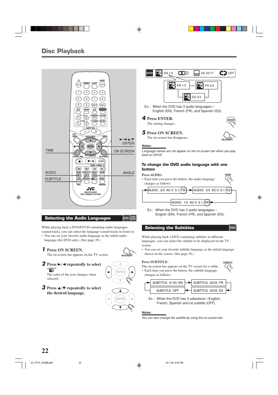 Disc playback, Selecting the audio languages, Press on screen | Press 3/2 repeatedly to select, Selecting the subtitles, Press enter | JVC SP-THA25 User Manual | Page 26 / 51