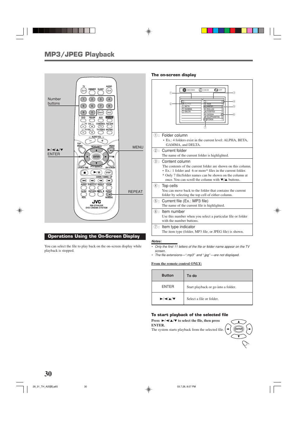 Mp3/jpeg playback, Operations using the on-screen display, 1 : folder column | 2 : current folder, 3 : content column, 4 : top cells, 5 : current file (ex.: mp3 file), 6 : item number, 7 : item type indicator, The on-screen display | JVC SP-THA25 User Manual | Page 34 / 51