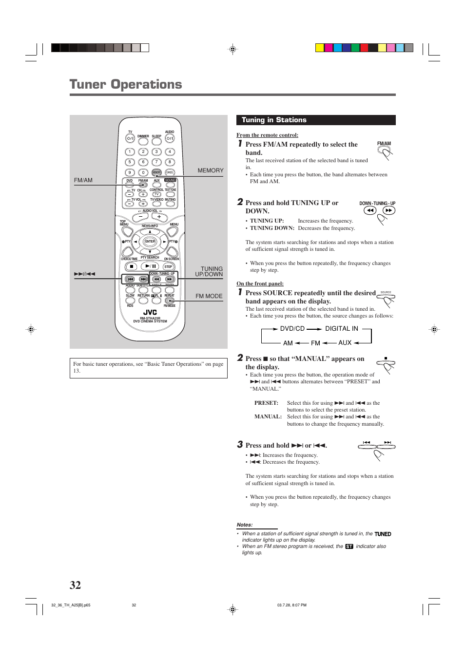 Tuner operations, Tuning in stations, Press fm/am repeatedly to select the band | Press and hold tuning up or down, Press 7 so that “manual” appears on the display, Press and hold ¢ or 4 | JVC SP-THA25 User Manual | Page 36 / 51