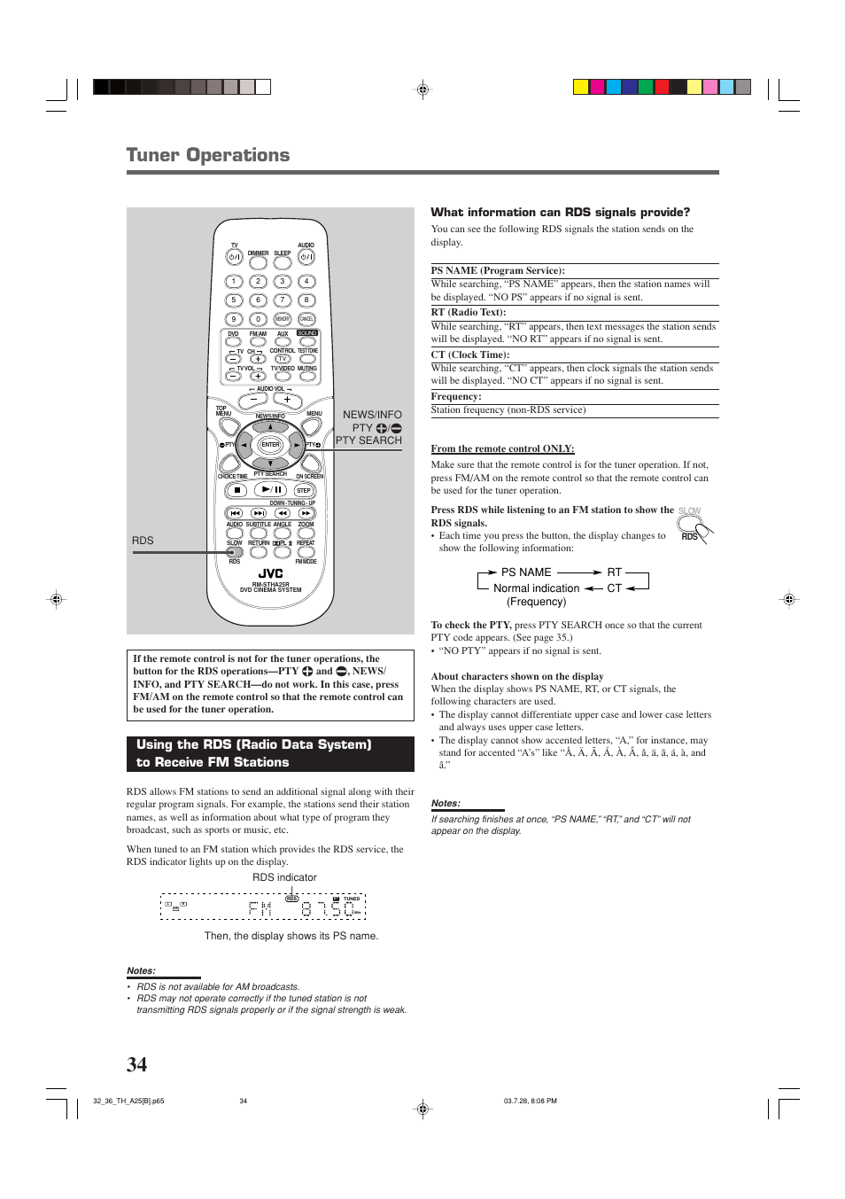 Tuner operations, What information can rds signals provide, Ps name rt ct normal indication (frequency) | JVC SP-THA25 User Manual | Page 38 / 51