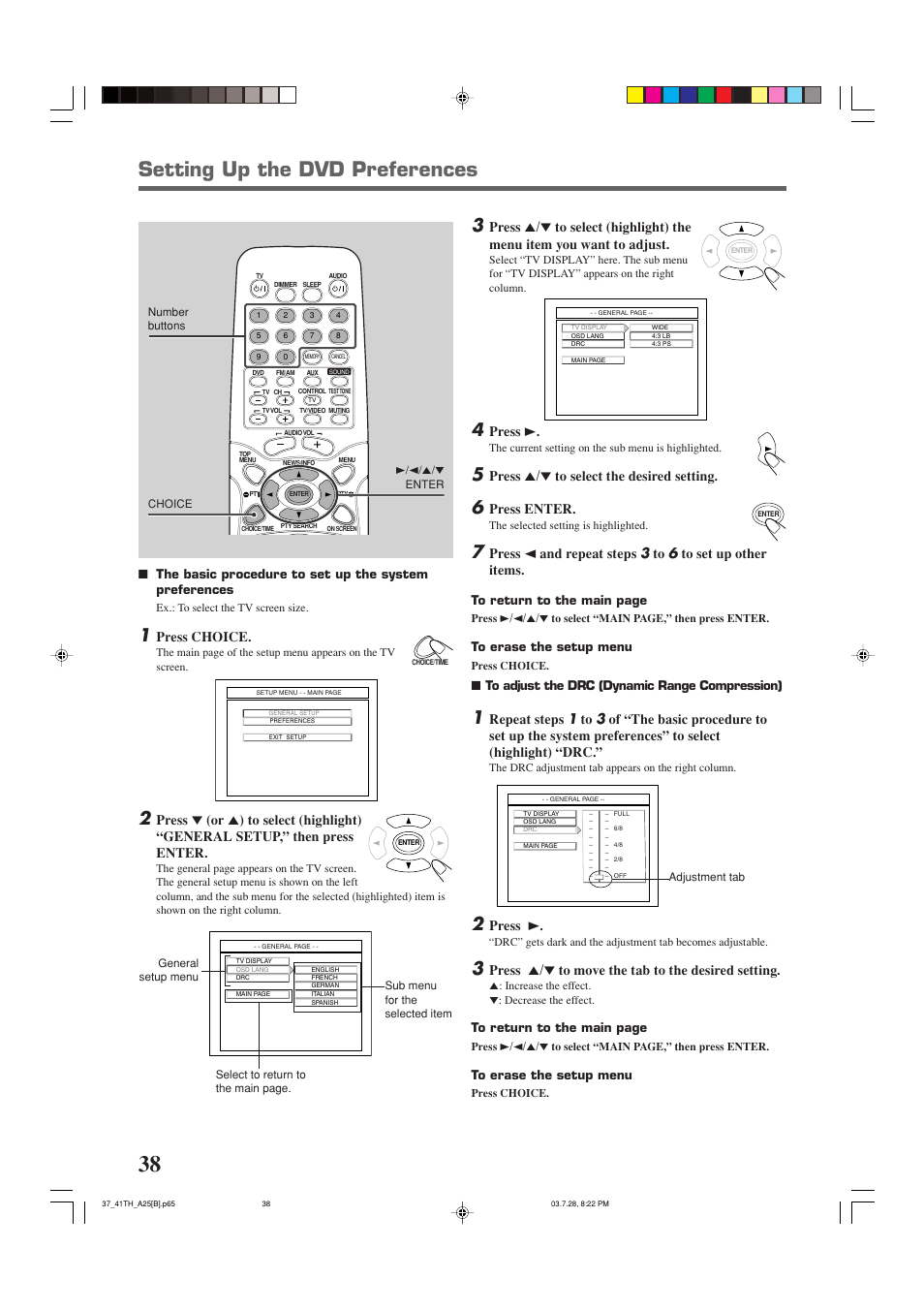 Setting up the dvd preferences, Press 3, Press 5 / ∞ to select the desired setting | Press enter, Press choice, Press 5 / ∞ to move the tab to the desired setting | JVC SP-THA25 User Manual | Page 42 / 51