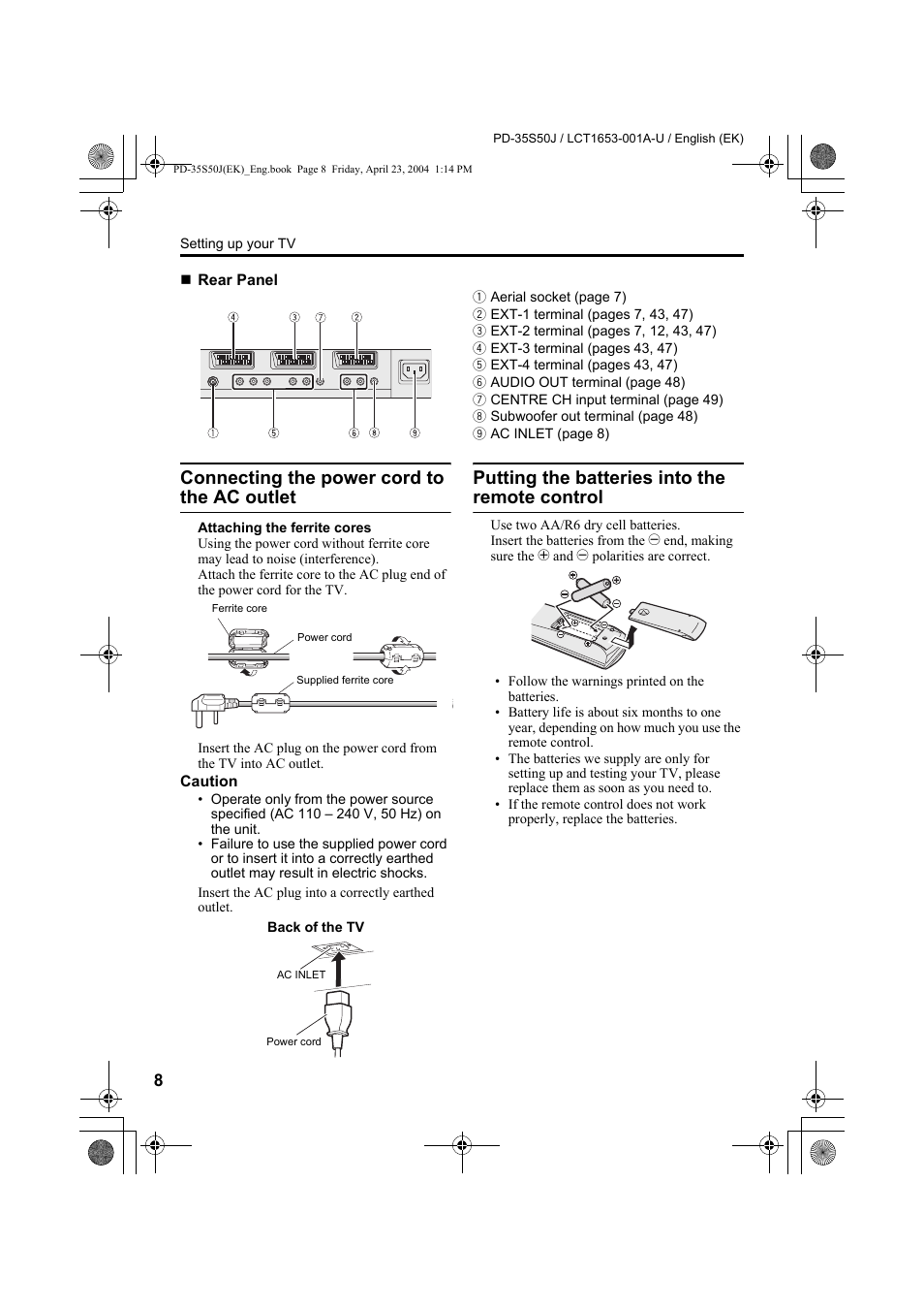 Connecting the power cord to the ac outlet, Putting the batteries into the remote control, Connecting the power cord to the ac | Outlet, Putting the batteries into the remote, Control | JVC PD-35S50J User Manual | Page 10 / 57